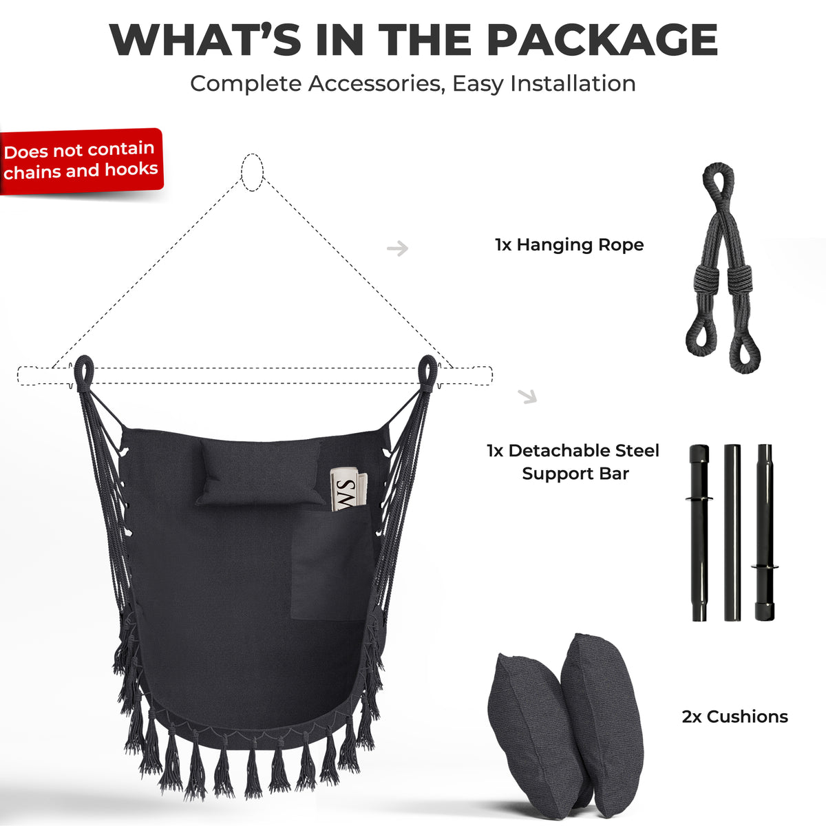 Hammock Swing Chair, Hanging Rope Swing w/Detachable Steel Bars, Side Pocket, Head Pillow & 2 Cushions