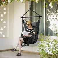 Hammock Swing Chair, Hanging Rope Swing w/Detachable Steel Bars, Side Pocket, Head Pillow & 2 Cushions
