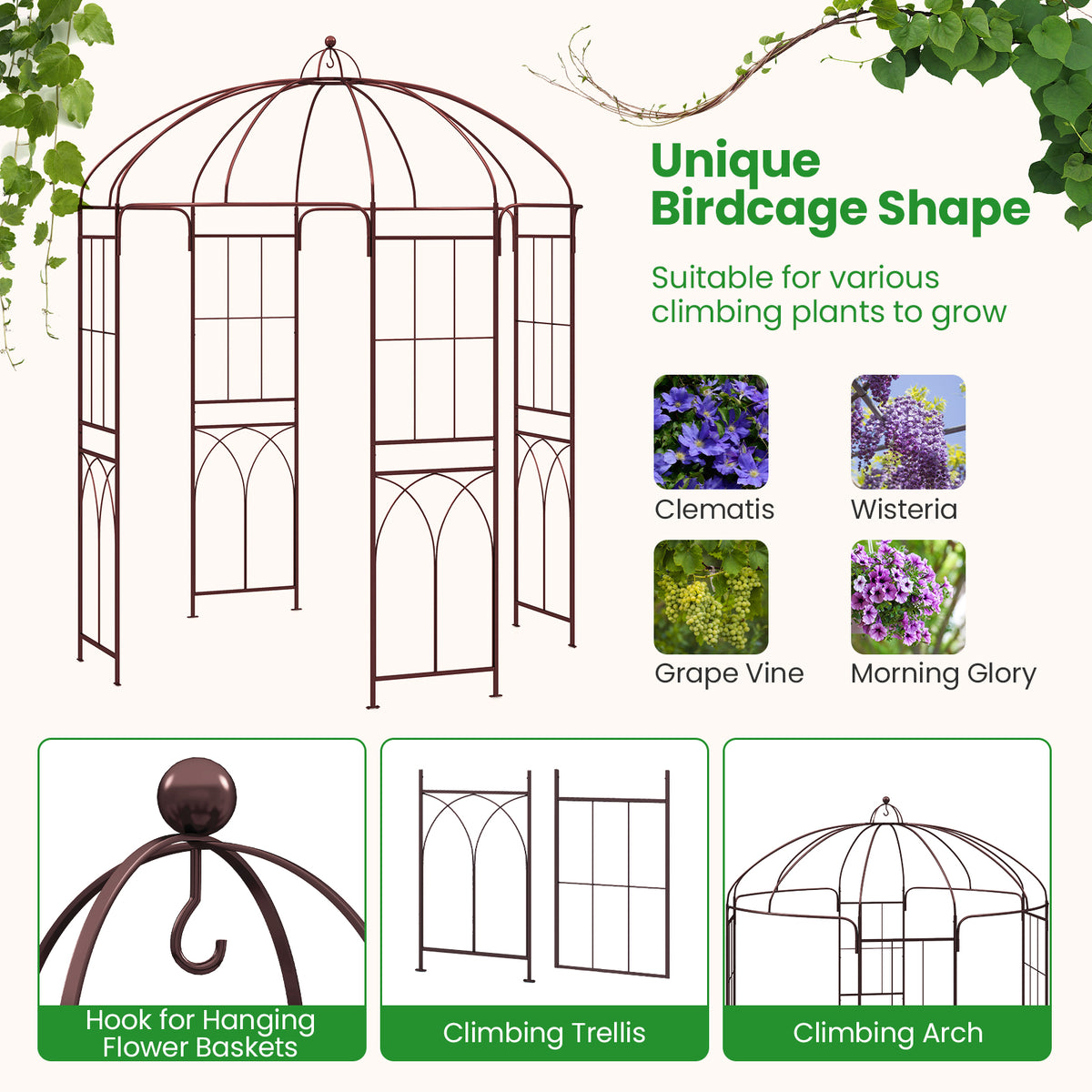 Birdcage Shape Garden Arbor, 211cm Wide x 256cm High
