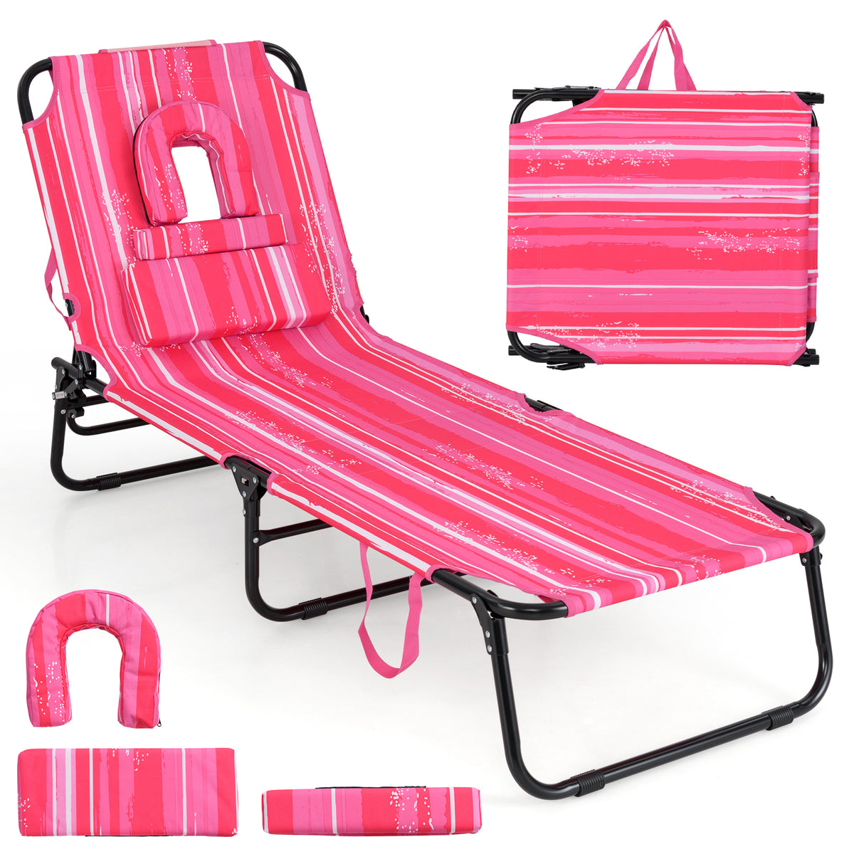 Face Down Tanning Chair, Beach Lounge Chair with 5-Level Adjustable Backrest & 3 Removable Pillows