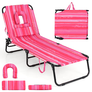Face Down Tanning Chair, Beach Lounge Chair with 5-Level Adjustable Backrest & 3 Removable Pillows