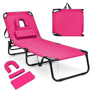 Face Down Tanning Chair, Beach Lounge Chair with 5-Level Adjustable Backrest & 3 Removable Pillows