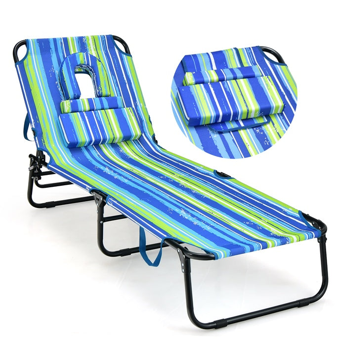 Face Down Tanning Chair, Beach Lounge Chair with 5-Level Adjustable Backrest & 3 Removable Pillows