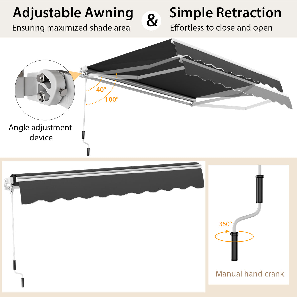 4 x 2.5 m Retractable Awning, Patio Sunshade Shelter with Manual Hand Crank & Heavy-Duty Aluminum Frame