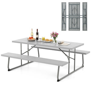 Folding Picnic Table with 2 Benches with Metal Frame and All-Weather HDPE Tabletop