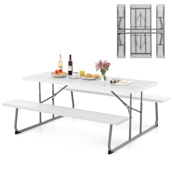 Folding Picnic Table with 2 Benches with Metal Frame and All-Weather HDPE Tabletop