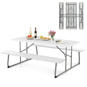 Folding Picnic Table with 2 Benches with Metal Frame and All-Weather HDPE Tabletop