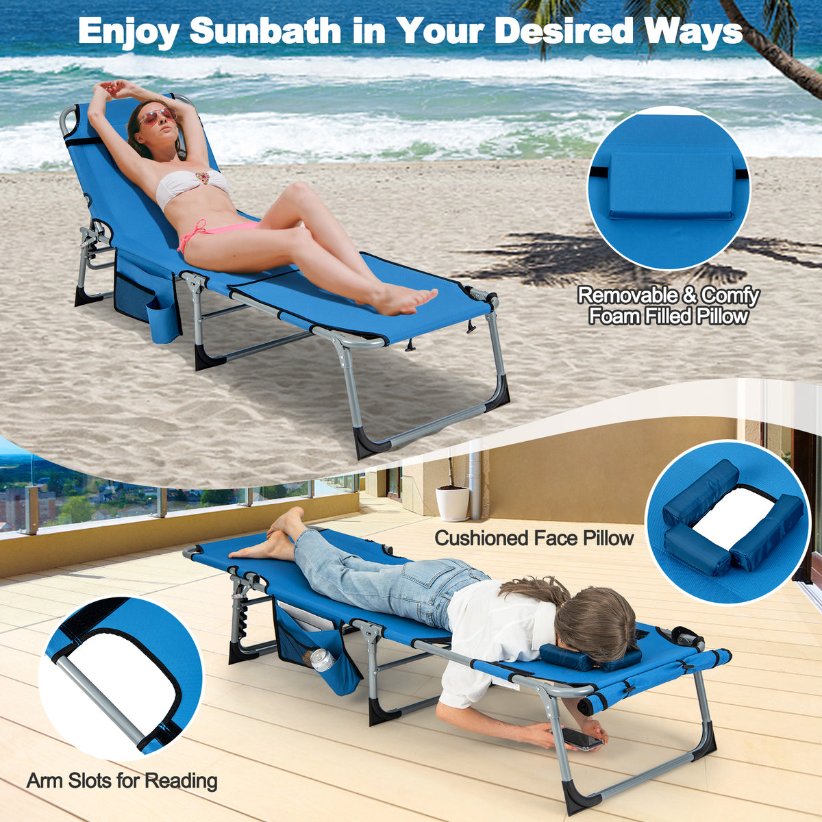 Outdoor Folding Chaise Lounge Chair, 5-position Lounge Chair with Adjustable Footrest