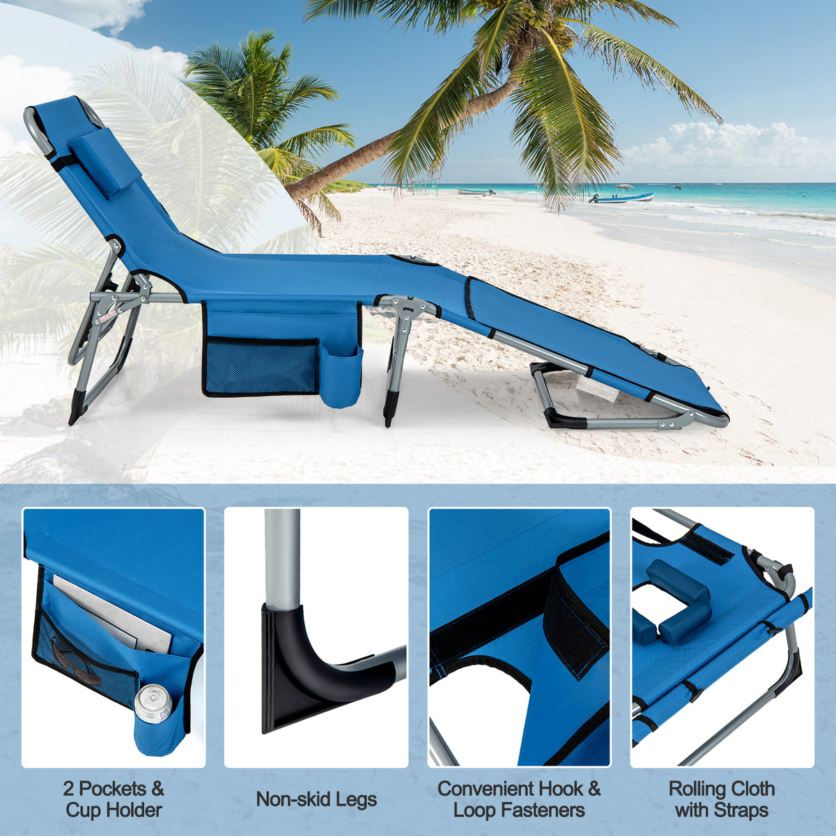 Outdoor Folding Chaise Lounge Chair, 5-position Lounge Chair with Adjustable Footrest