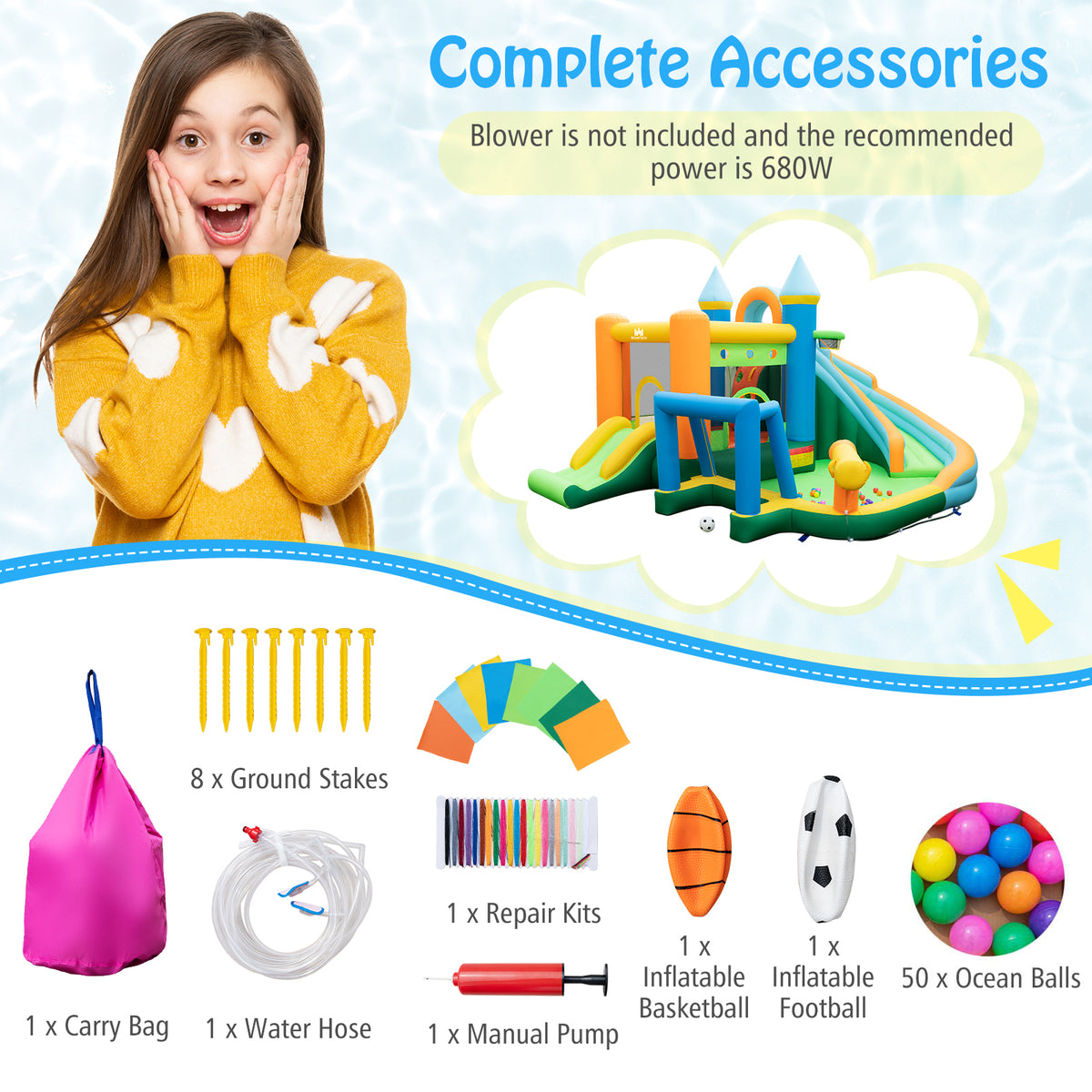 Inflatable Water Slide, Blowup Water Park w/Dual Slides, Splash Pool, Climbing Wall