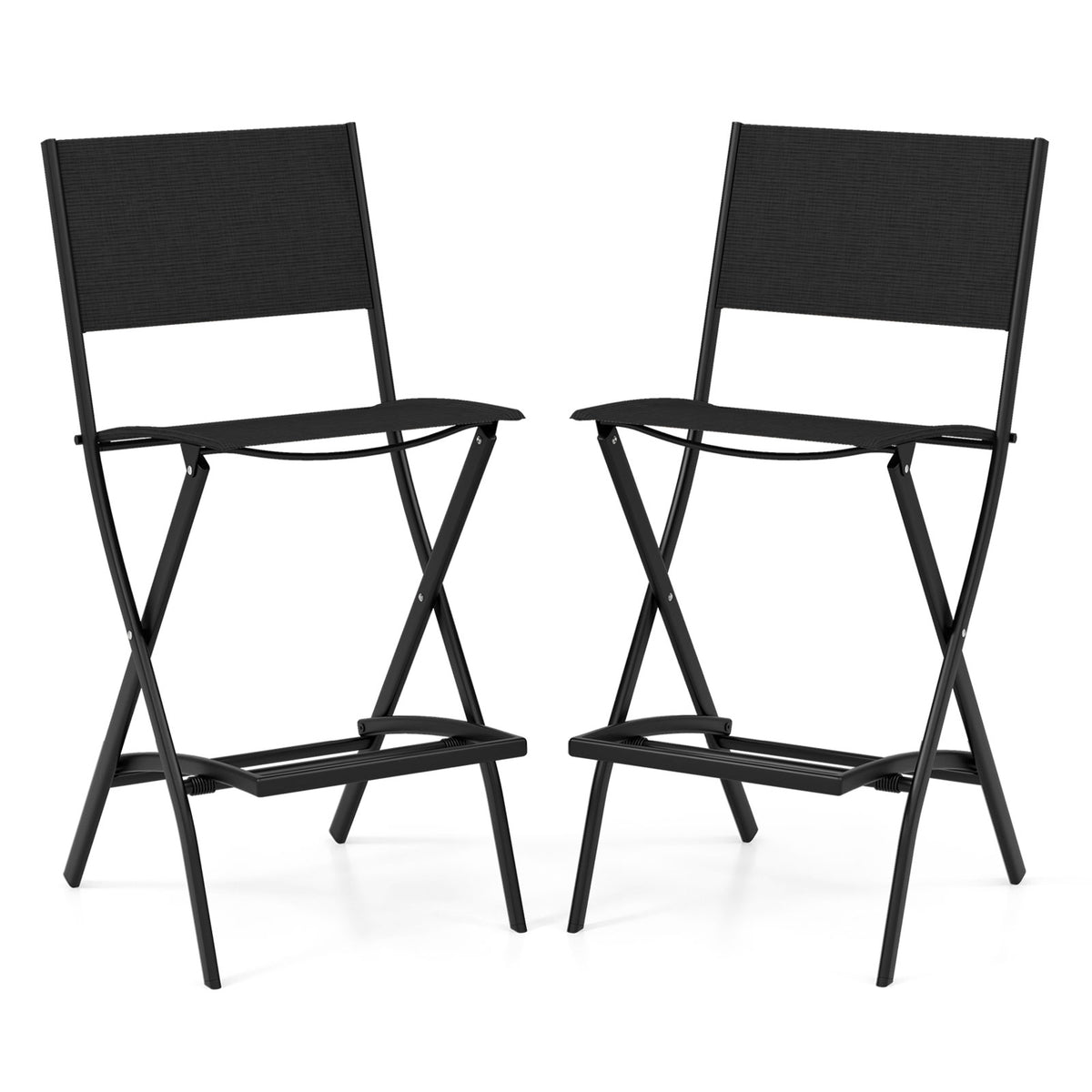 Outdoor Bar Chair Set of 2, Folding Bar Height Stool with Metal Frame & Footrest, Patio Bar Stool for Balcony, Garden & Poolside, Blue/Coffee