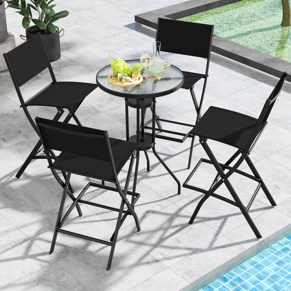 Outdoor Bar Chair Set of 2, Folding Bar Height Stool with Metal Frame & Footrest, Patio Bar Stool for Balcony, Garden & Poolside, Blue/Coffee