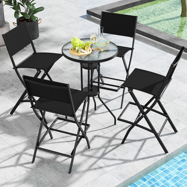 Outdoor Bar Chair Set of 2, Folding Bar Height Stool with Metal Frame & Footrest, Patio Bar Stool for Balcony, Garden & Poolside, Blue/Coffee