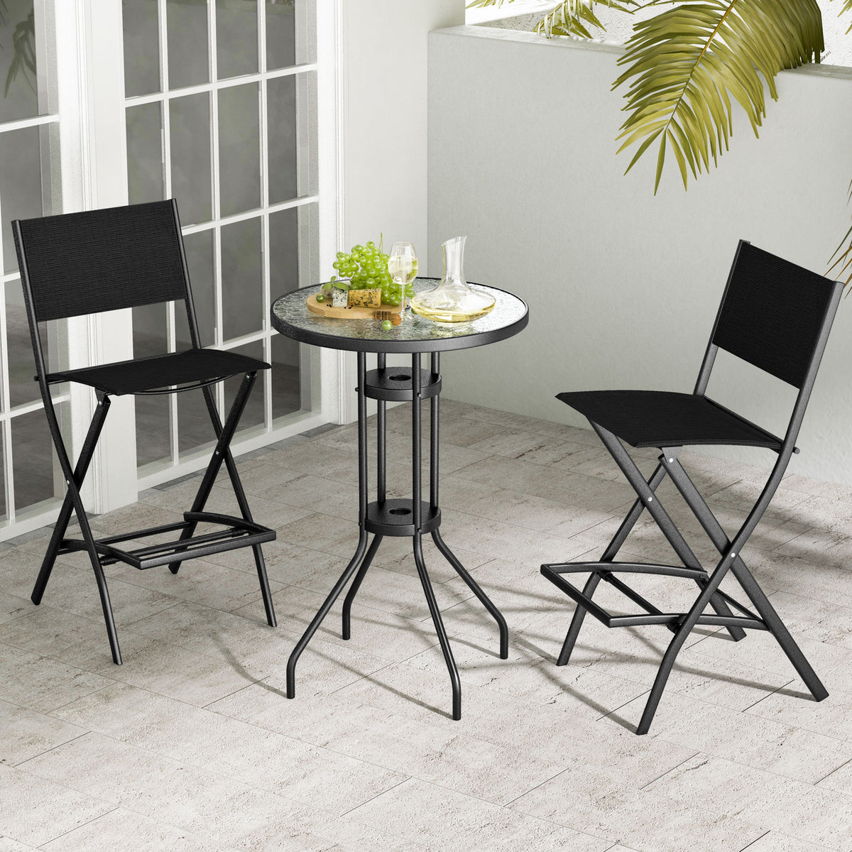 Outdoor Bar Chair Set of 2, Folding Bar Height Stool with Metal Frame & Footrest, Patio Bar Stool for Balcony, Garden & Poolside, Blue/Coffee