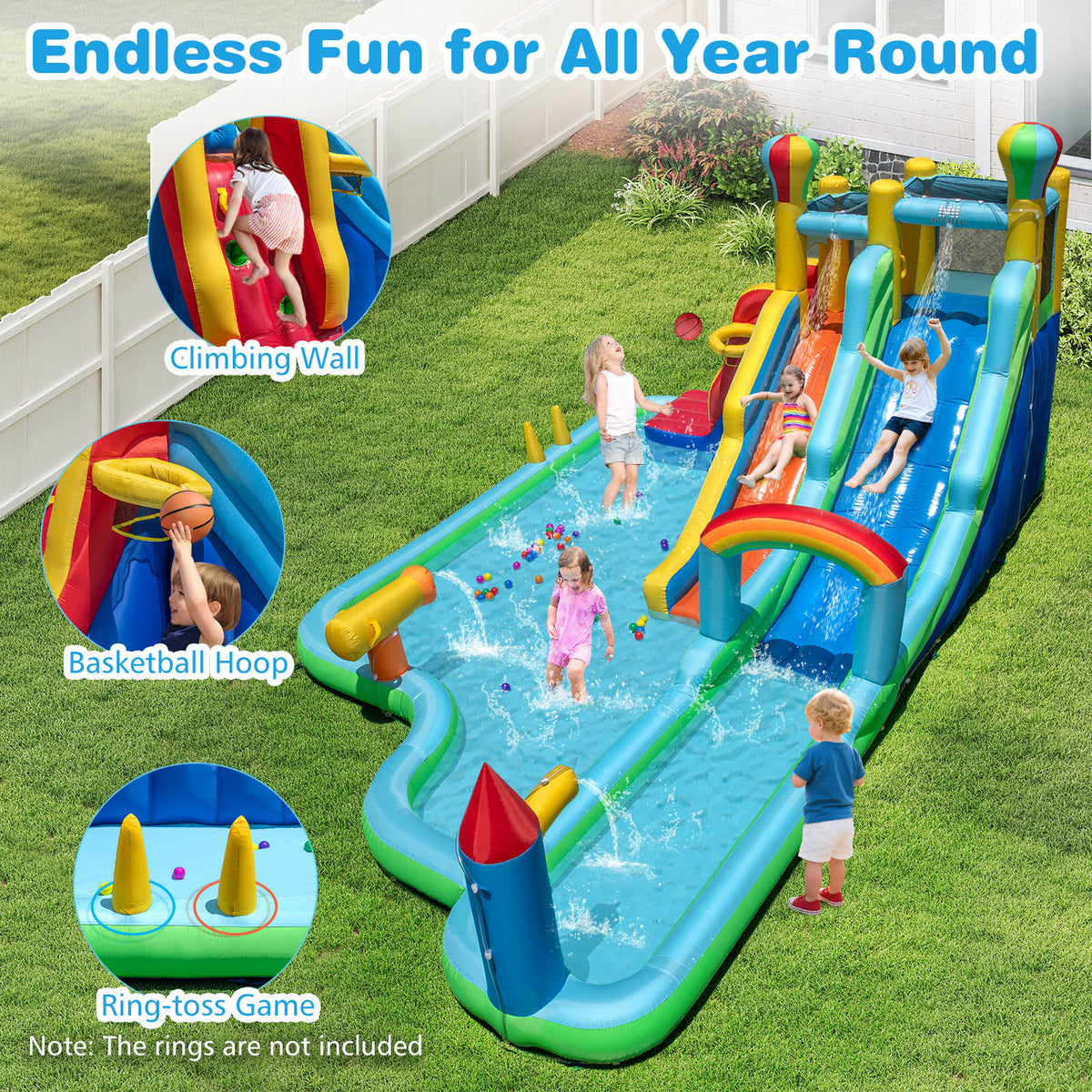 Inflatable Water Park, Dual Water Slides with Climbing Wall, Basketball Rim