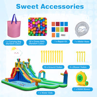 Inflatable Water Park, Dual Water Slides with Climbing Wall, Basketball Rim
