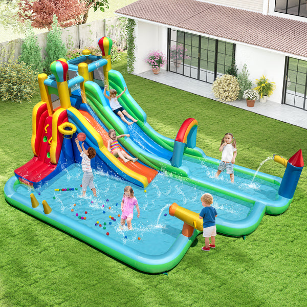 Inflatable Water Park, Dual Water Slides with Climbing Wall, Basketball Rim