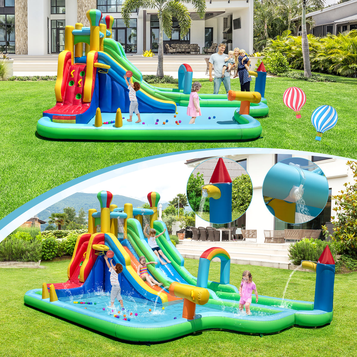 Inflatable Water Park, Dual Water Slides with Climbing Wall, Basketball Rim