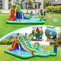 Inflatable Water Park, Dual Water Slides with Climbing Wall, Basketball Rim