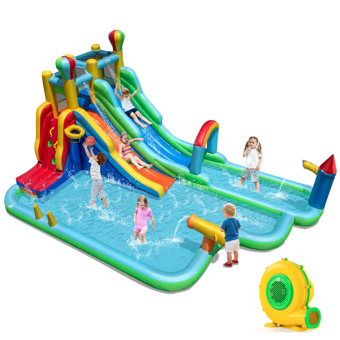 Inflatable Water Park, Dual Water Slides with Climbing Wall, Basketball Rim