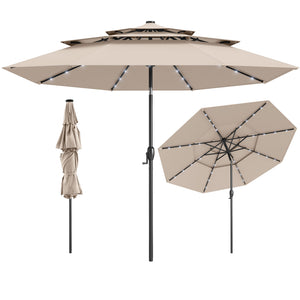 3m Solar Patio Umbrella w/ 32 LED Lights, 3-Tier Vented Top