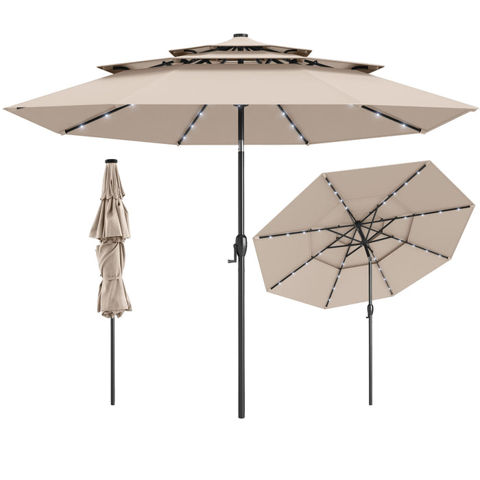 3m Solar Patio Umbrella w/ 32 LED Lights, 3-Tier Vented Top