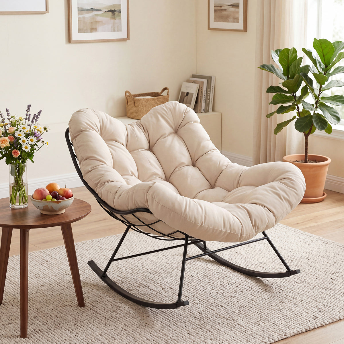 Oversized Papasan Chair with Padded Cushion & Metal Frame