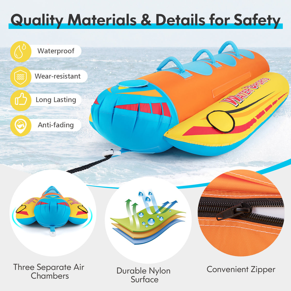 Hot Dog Towable Tube for Boating, 1-3 Person 510 lbs Capacity Inflatable Boat Tube with Full Nylon Cover, Water Sports Towables