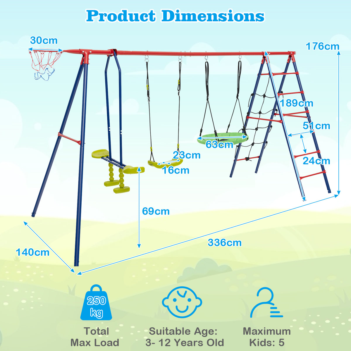 6-in-1 Patio Kids Swing Set Metal Frame with Swings and Climbing Ladder