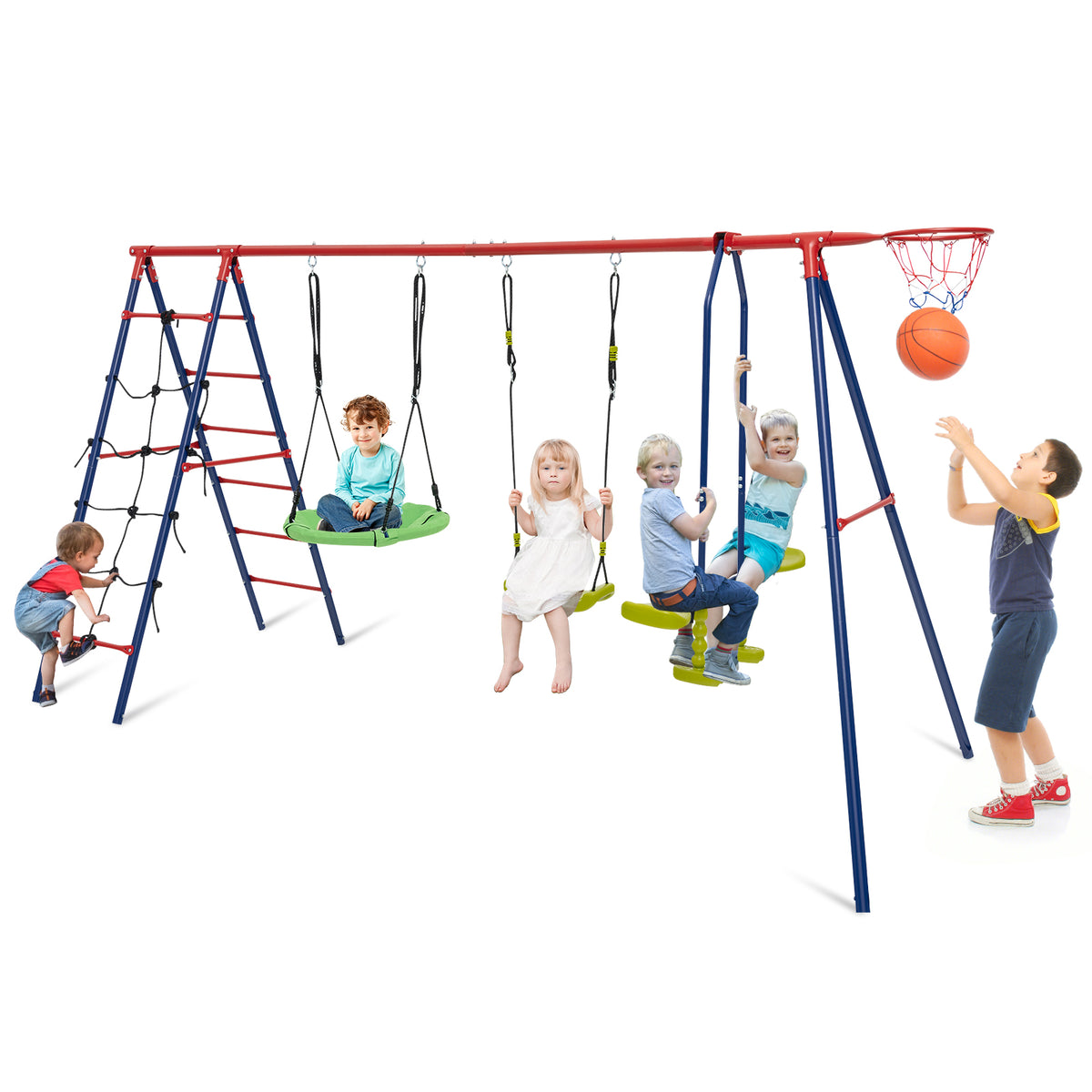 6-in-1 Patio Kids Swing Set Metal Frame with Swings and Climbing Ladder