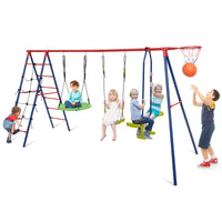 6-in-1 Patio Kids Swing Set Metal Frame with Swings and Climbing Ladder