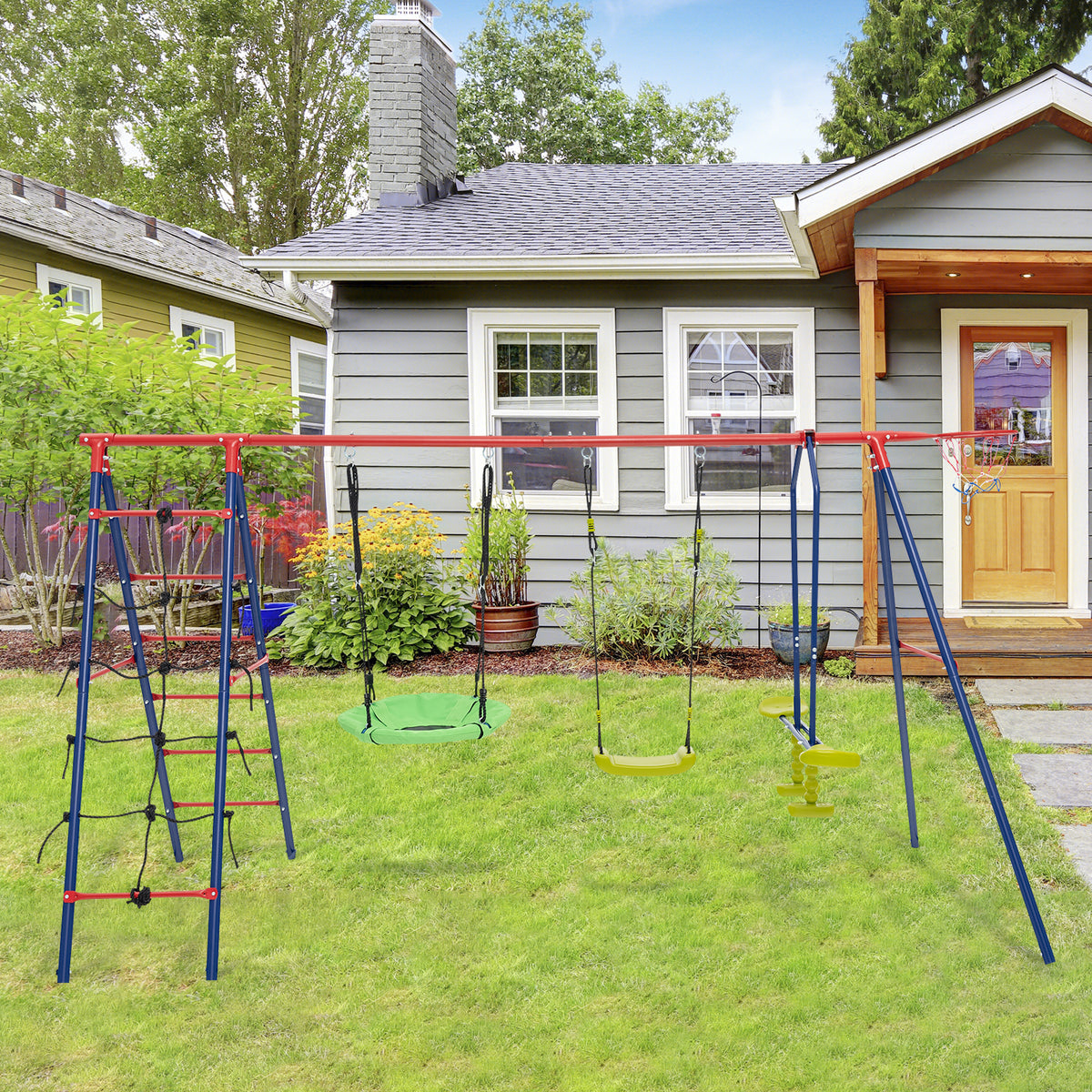 6-in-1 Patio Kids Swing Set Metal Frame with Swings and Climbing Ladder