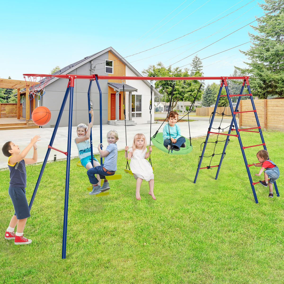 6-in-1 Patio Kids Swing Set Metal Frame with Swings and Climbing Ladder