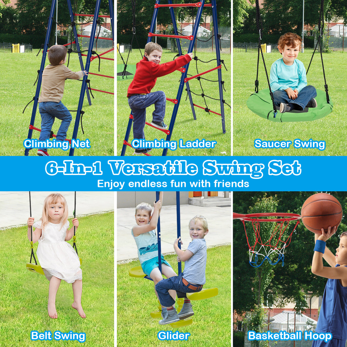 6-in-1 Patio Kids Swing Set Metal Frame with Swings and Climbing Ladder