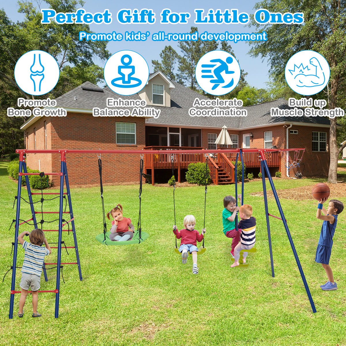 6-in-1 Patio Kids Swing Set Metal Frame with Swings and Climbing Ladder