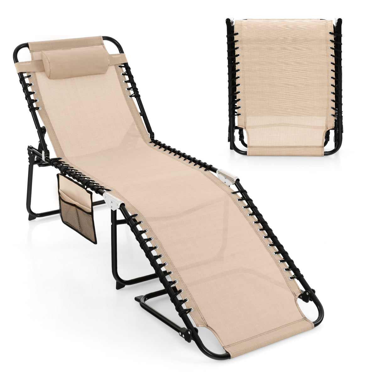 Patio Folding Chaise Lounge with 4-Level Backrest & Detachable Headrest Outdoor（59cm）