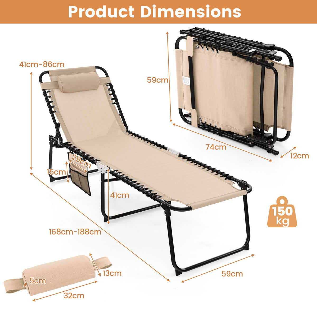Patio Folding Chaise Lounge with 4-Level Backrest & Detachable Headrest Outdoor（59cm）