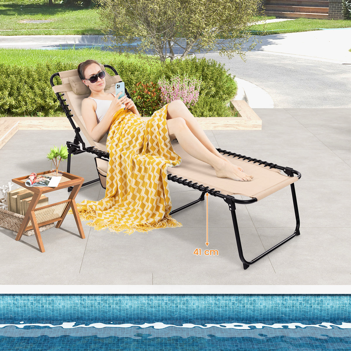 Patio Folding Chaise Lounge with 4-Level Backrest & Detachable Headrest Outdoor（59cm）