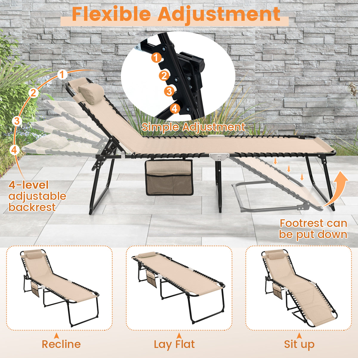 Patio Folding Chaise Lounge with 4-Level Backrest & Detachable Headrest Outdoor（59cm）