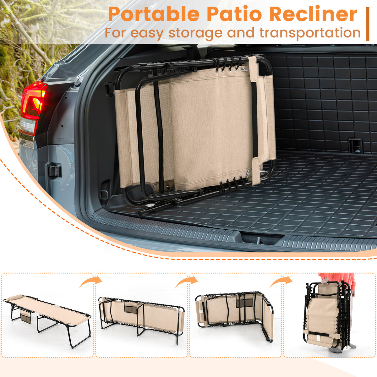 Patio Folding Chaise Lounge with 4-Level Backrest & Detachable Headrest Outdoor（59cm）