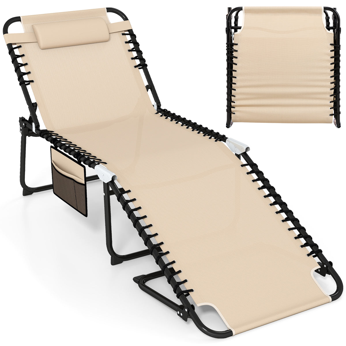 Patio Folding Chaise Lounge with 4-Level Backrest & Detachable Headrest Outdoor（70cm）