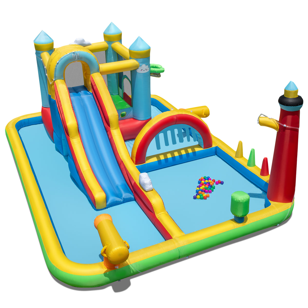 Inflatable Water Slide, Giant Water Park w/ Long Slide, Jumping Area, Climbing Wall, Splash Pools