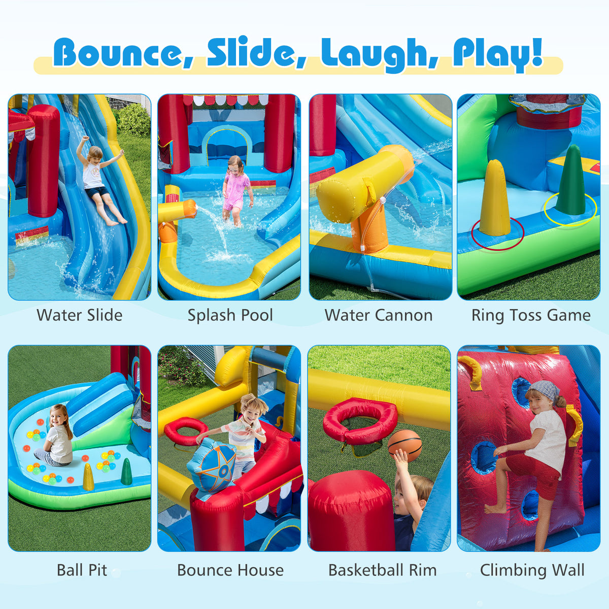 Inflatable Water Park, Water Slide with Splash Pool, Water Cannon, Ring Toss Game
