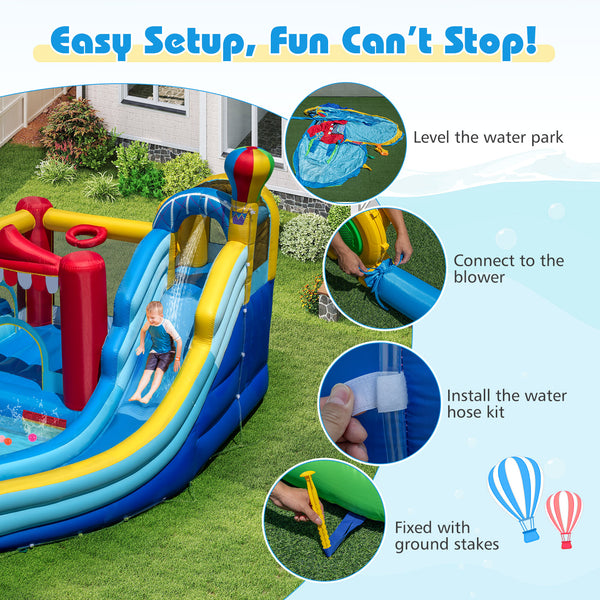 Inflatable Water Park, Water Slide with Splash Pool, Water Cannon, Ring Toss Game