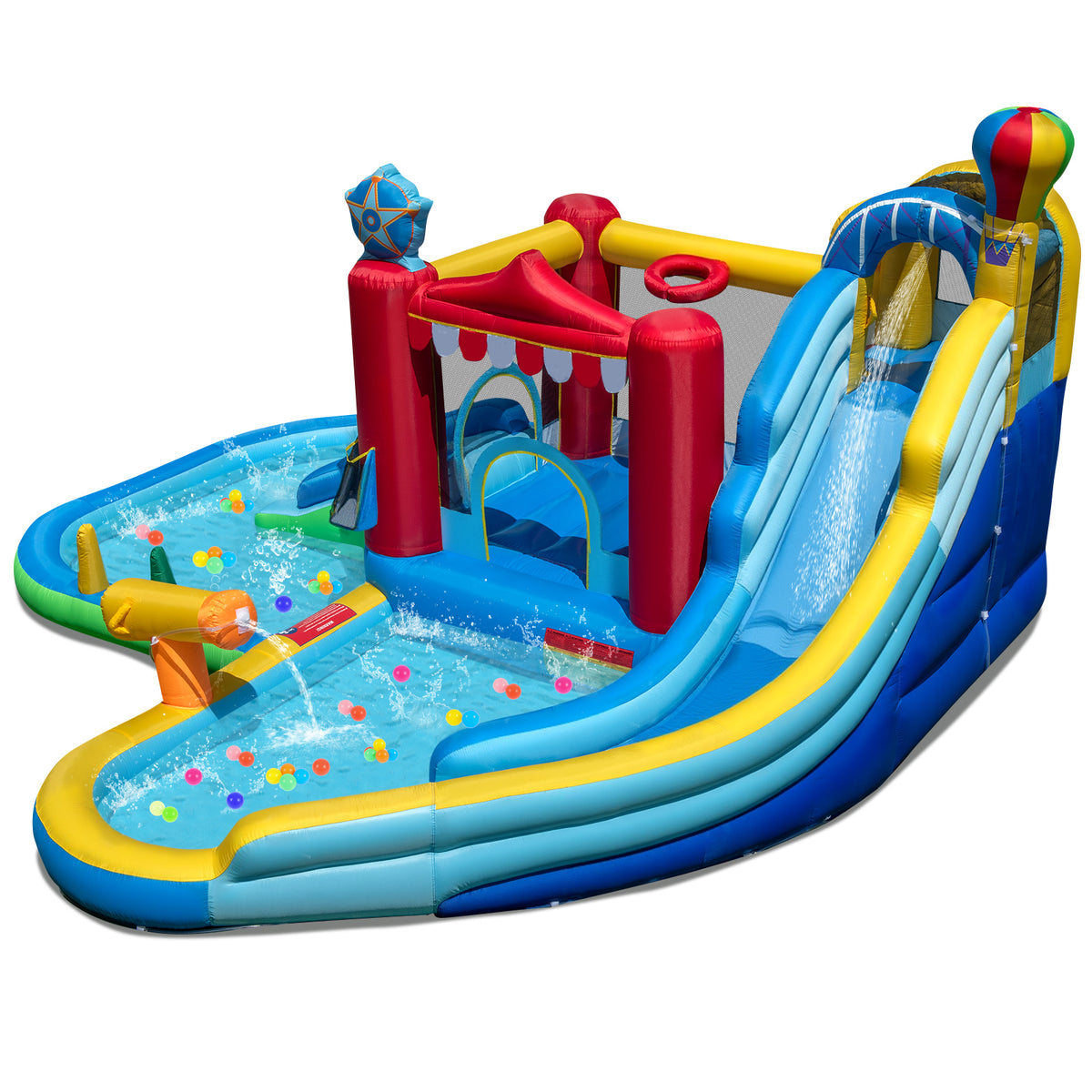 Inflatable Water Park, Water Slide with Splash Pool, Water Cannon, Ring Toss Game