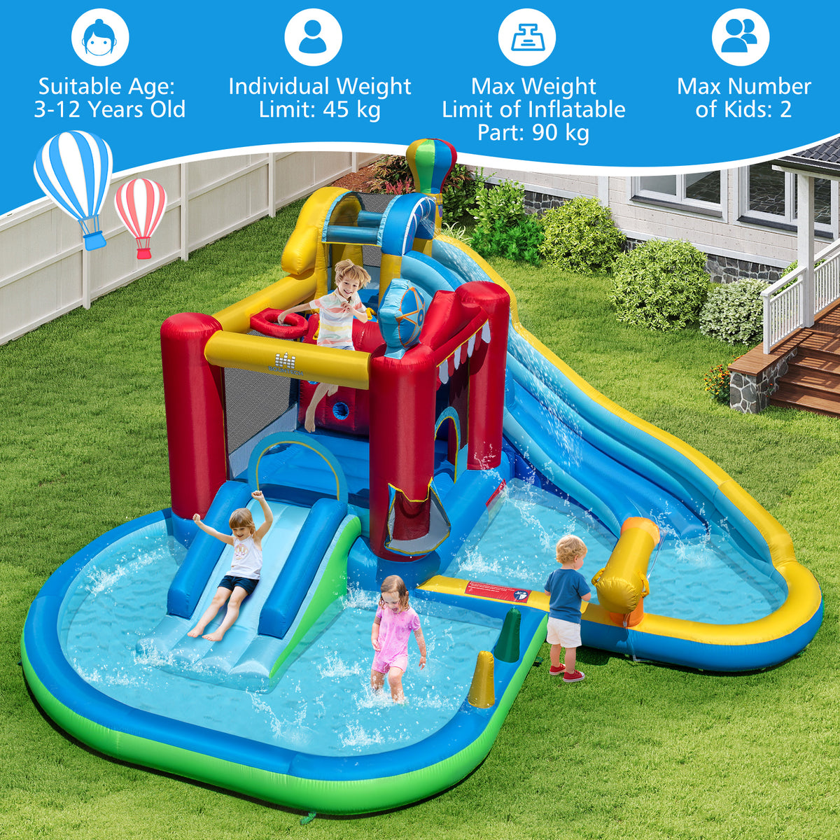 Inflatable Water Park, Water Slide with Splash Pool, Water Cannon, Ring Toss Game