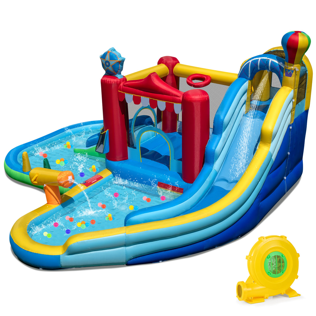 Inflatable Water Park, Water Slide with Splash Pool, Water Cannon, Ring Toss Game