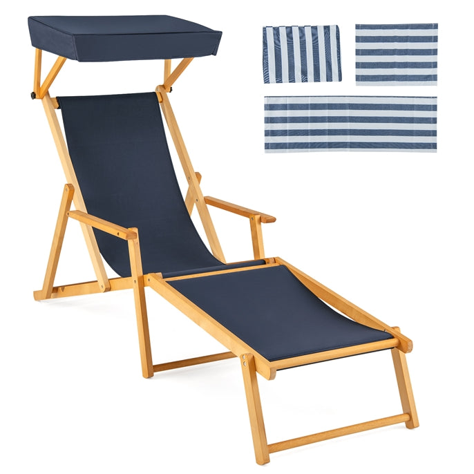 Birch Wood Chaise Lounge Chair with Adjustable Canopy and Reclining Backrest