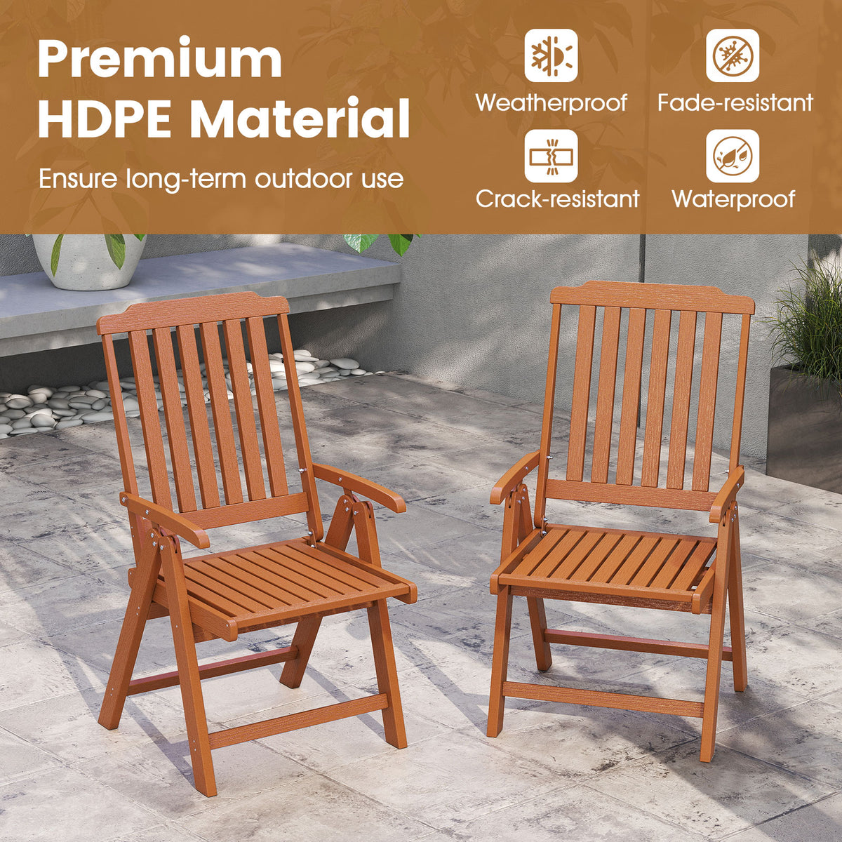 Foldable Patio Chair, All-Weather HDPE Outdoor Dining Chair w/ Armrest