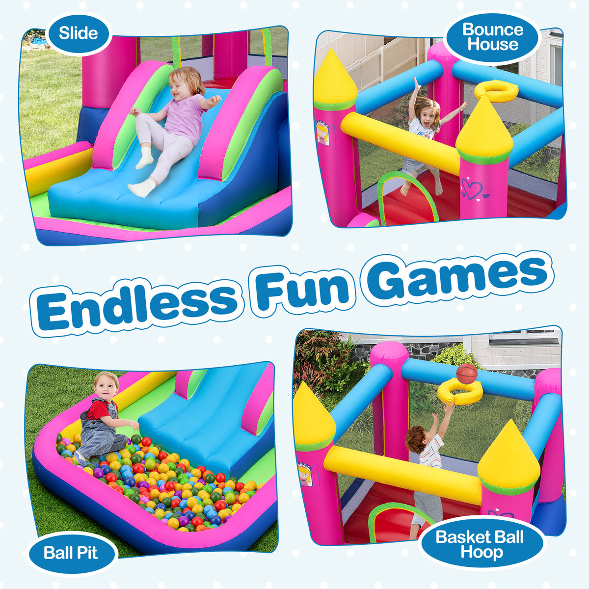 Inflatable Bounce House, 4-in-1 Kids Princess-themed Bouncer w/ Slide